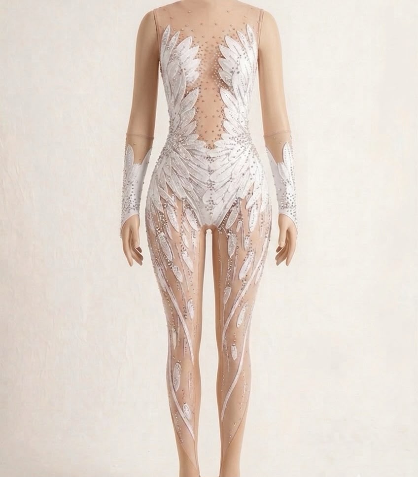White Feather & Rhinestone Aerial Performance Bodysuit