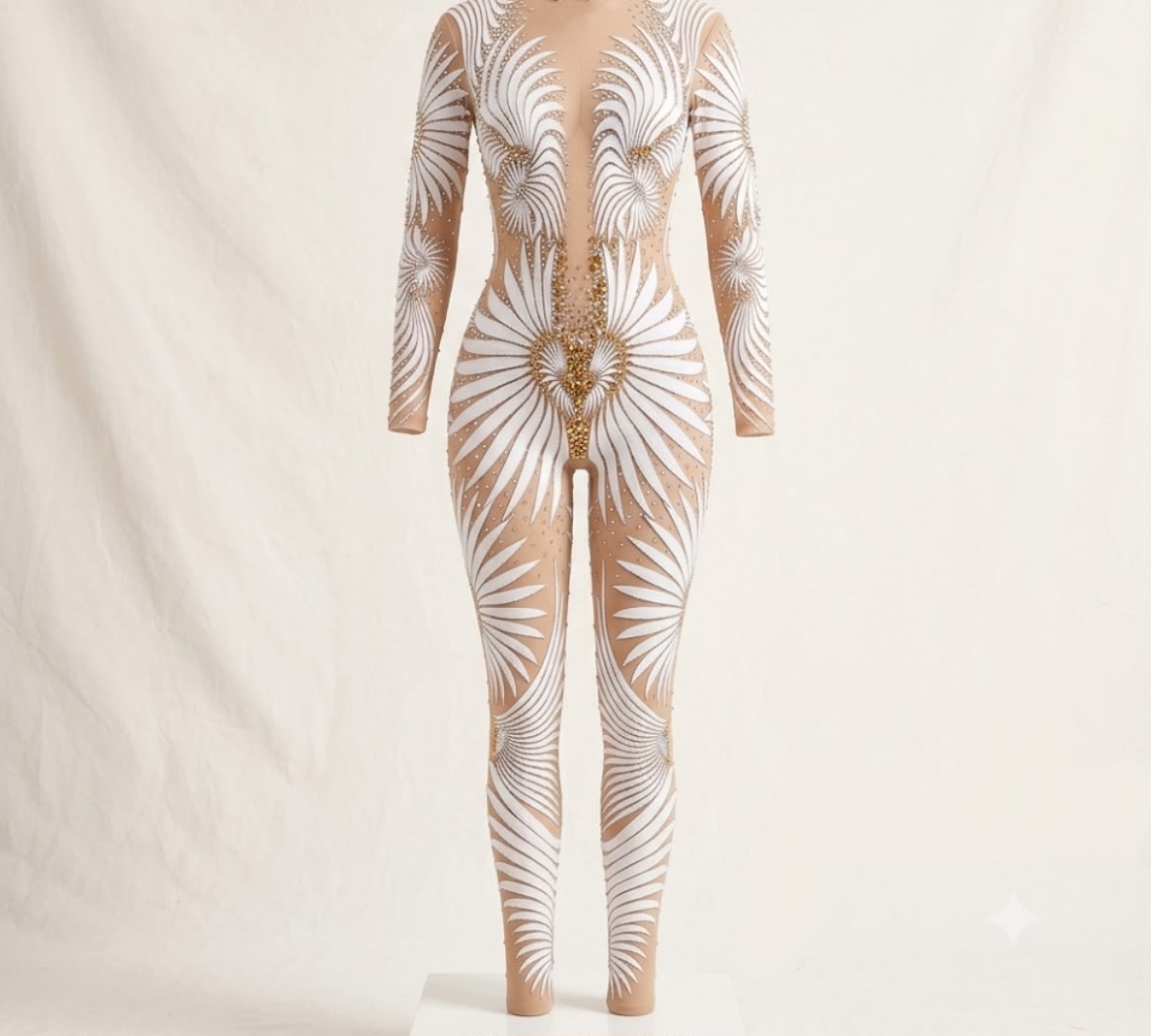 Performance Bodysuit | White & Gold Catsuit