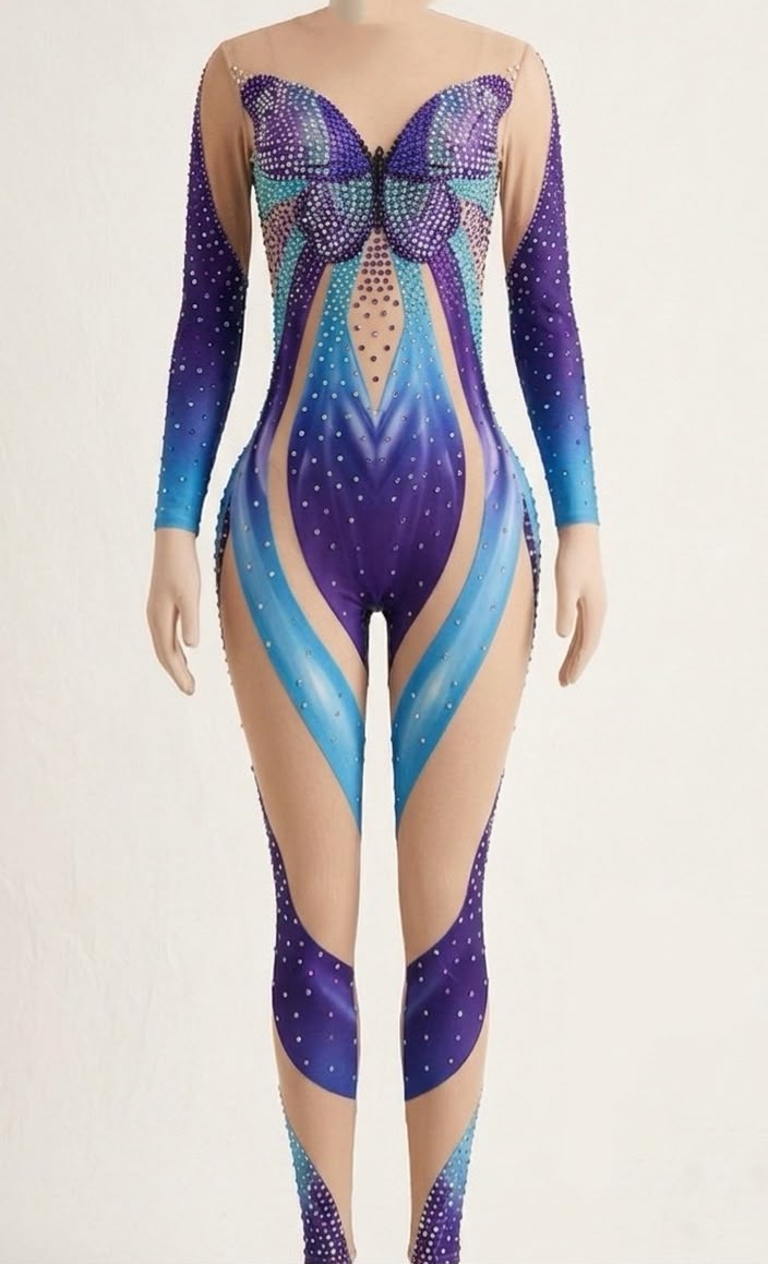 Crystal Butterfly Aerial Arts Catsuit | Purple & Blue Performance Unitard