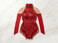 Red Sequin Fringe Performance Leotard | Long Sleeve Aerial & Dance Bodysuit