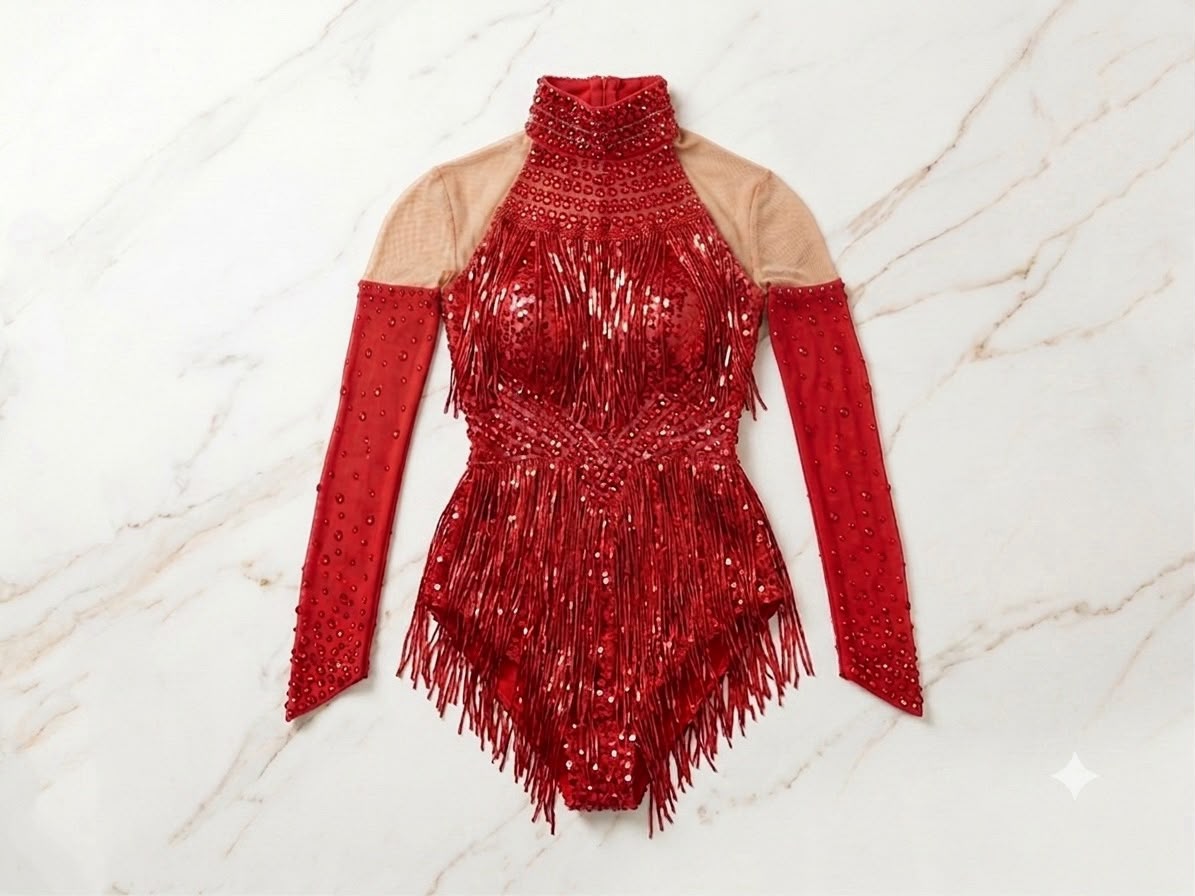 Red Sequin Fringe Performance Leotard | Long Sleeve Aerial & Dance Bodysuit