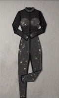 Black Rhinestone Full-Length Performance Bodysuit – Sheer Aerial Costume for Pole Dance, Circus & Stage Shows