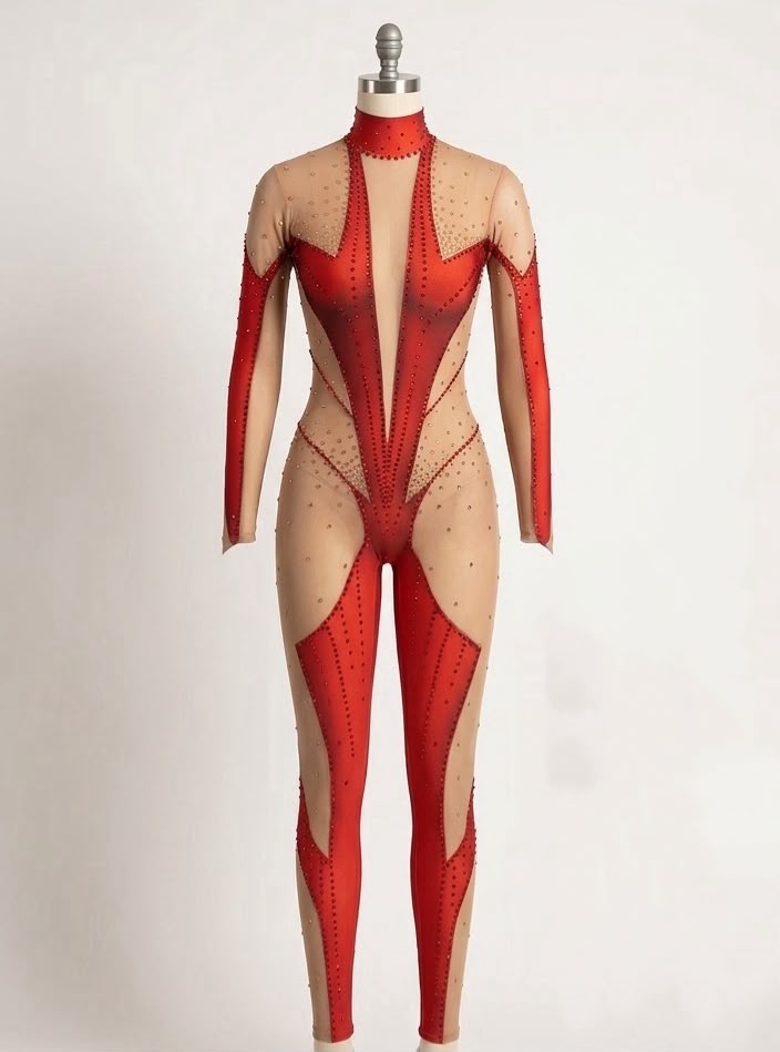 Ombre Red Rhinestone Aerial Catsuit | Illusion Mesh Performance Unitard