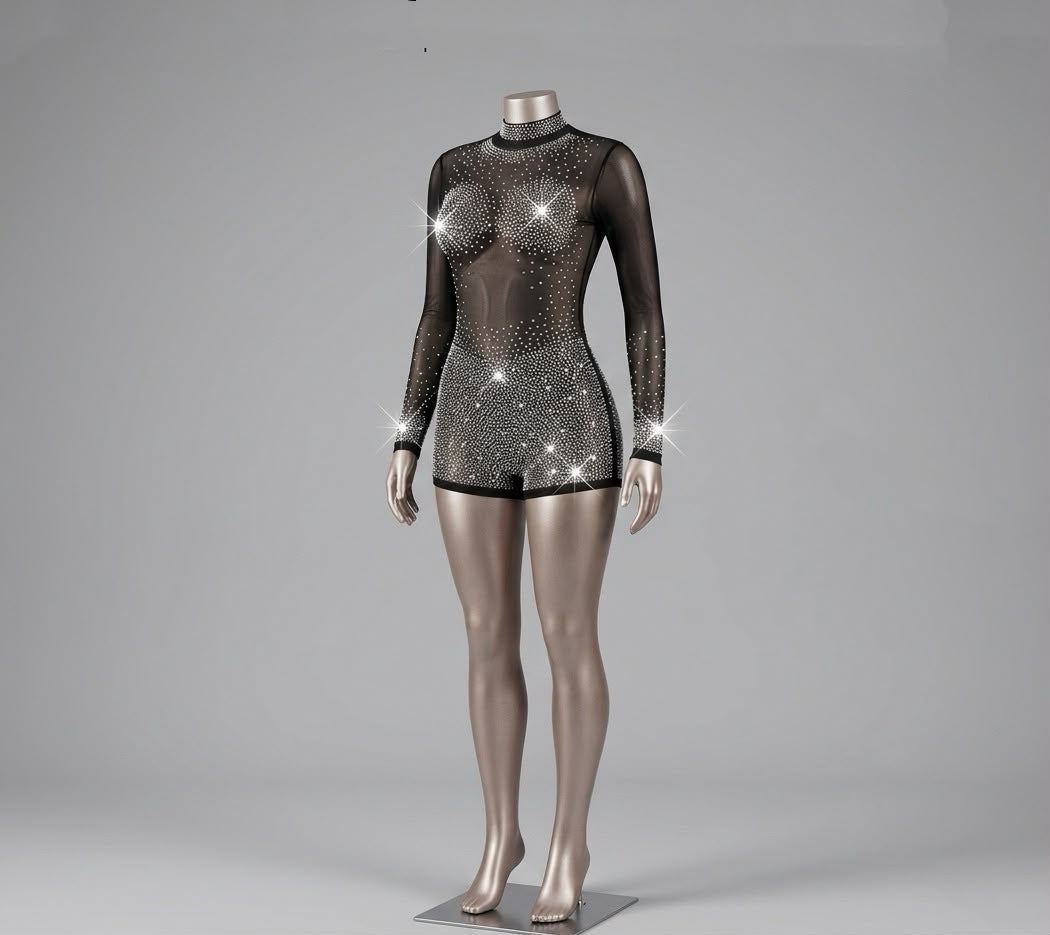 Black Rhinestone Sheer Performance Bodysuit – Long Sleeve Aerial Costume for Pole Dance, Circus & Stage Shows