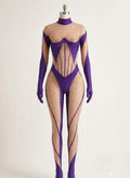 Purple Rhinestone Aerial Performance Costume – Long Sleeve Stretch Bodysuit for Aerial Hoop, Silks, Pole Dance & Stage Shows