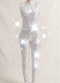 Silver-white Sequin Aerial Gymnastics Jumpsuit | Sparkling Performance Bodysuit