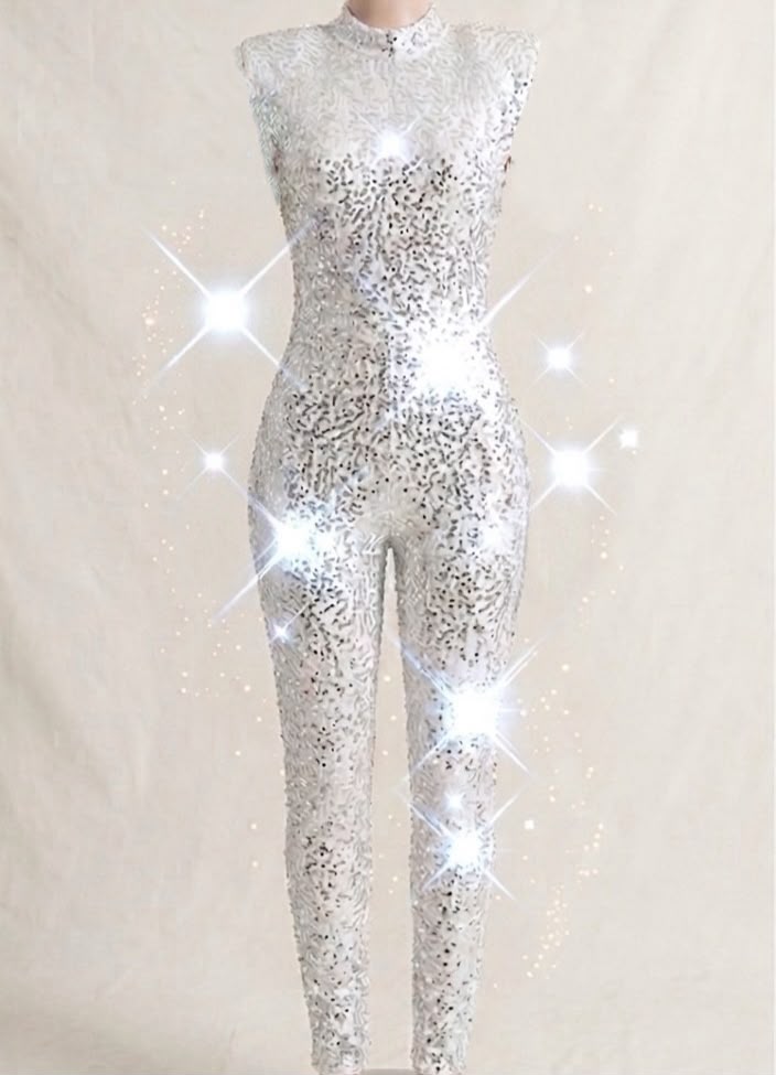 Silver-white Sequin Aerial Gymnastics Jumpsuit | Sparkling Performance Bodysuit
