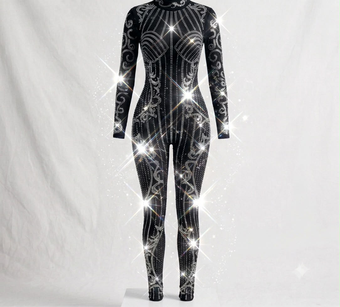 black Rhinestone Full-Length Unitard | Aerial Dance, Gymnastics & Performance Costume