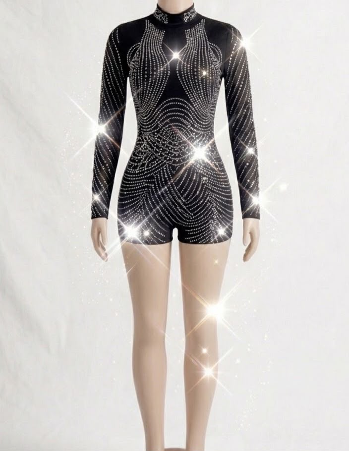 Black Rhinestone Long Sleeve Unitard | Aerial Dance, Gymnastics & Performance Costume