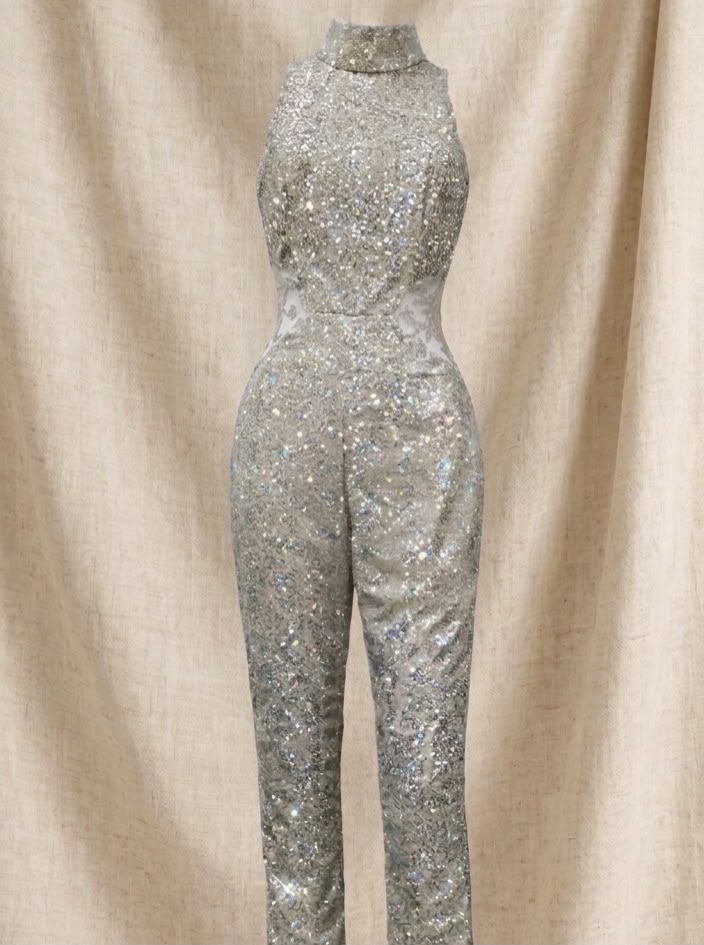 Sparkly Silver Aerial Silk Jumpsuit – Rhinestone Gymnastics Unitard, High Neck Contortion Leotard,