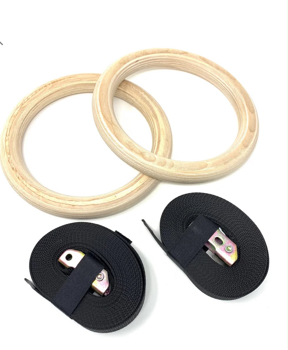 Premium Wooden Gymnastic Rings Set – Adjustable Heavy-Duty Straps for Calisthenics & Strength Training